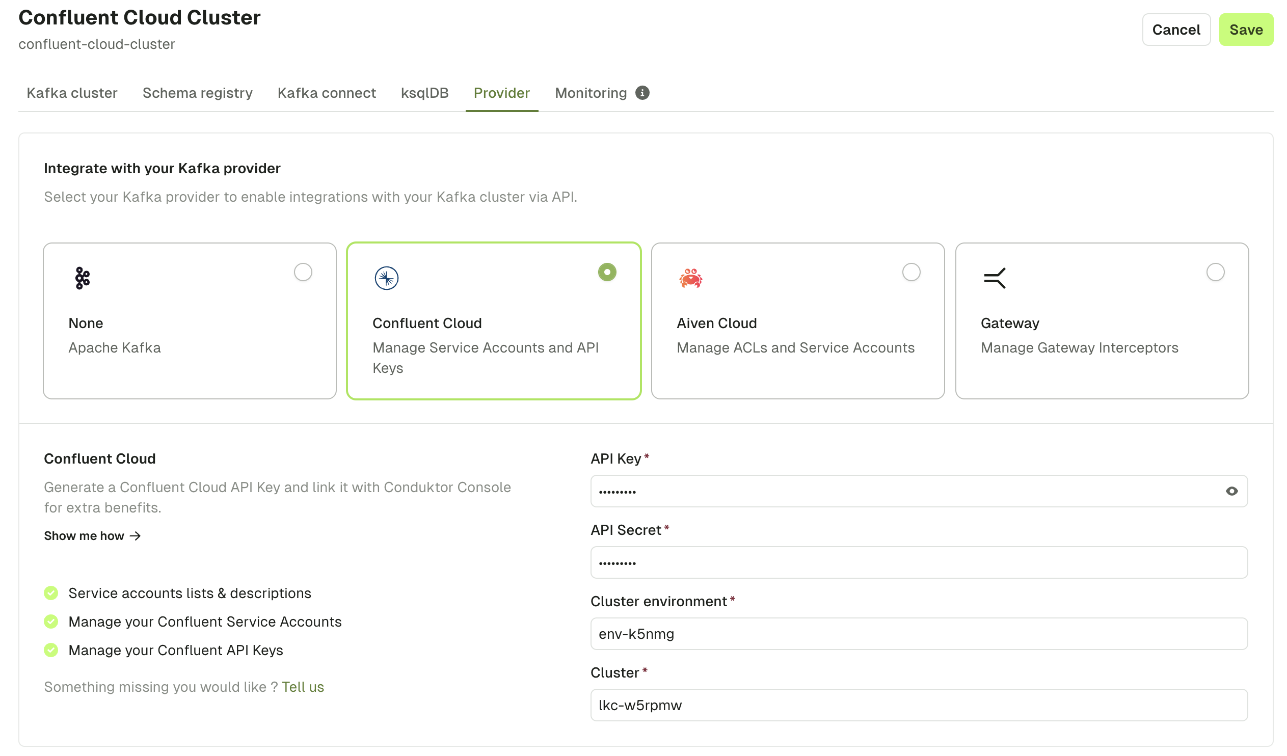 Confluent Cloud provider settings