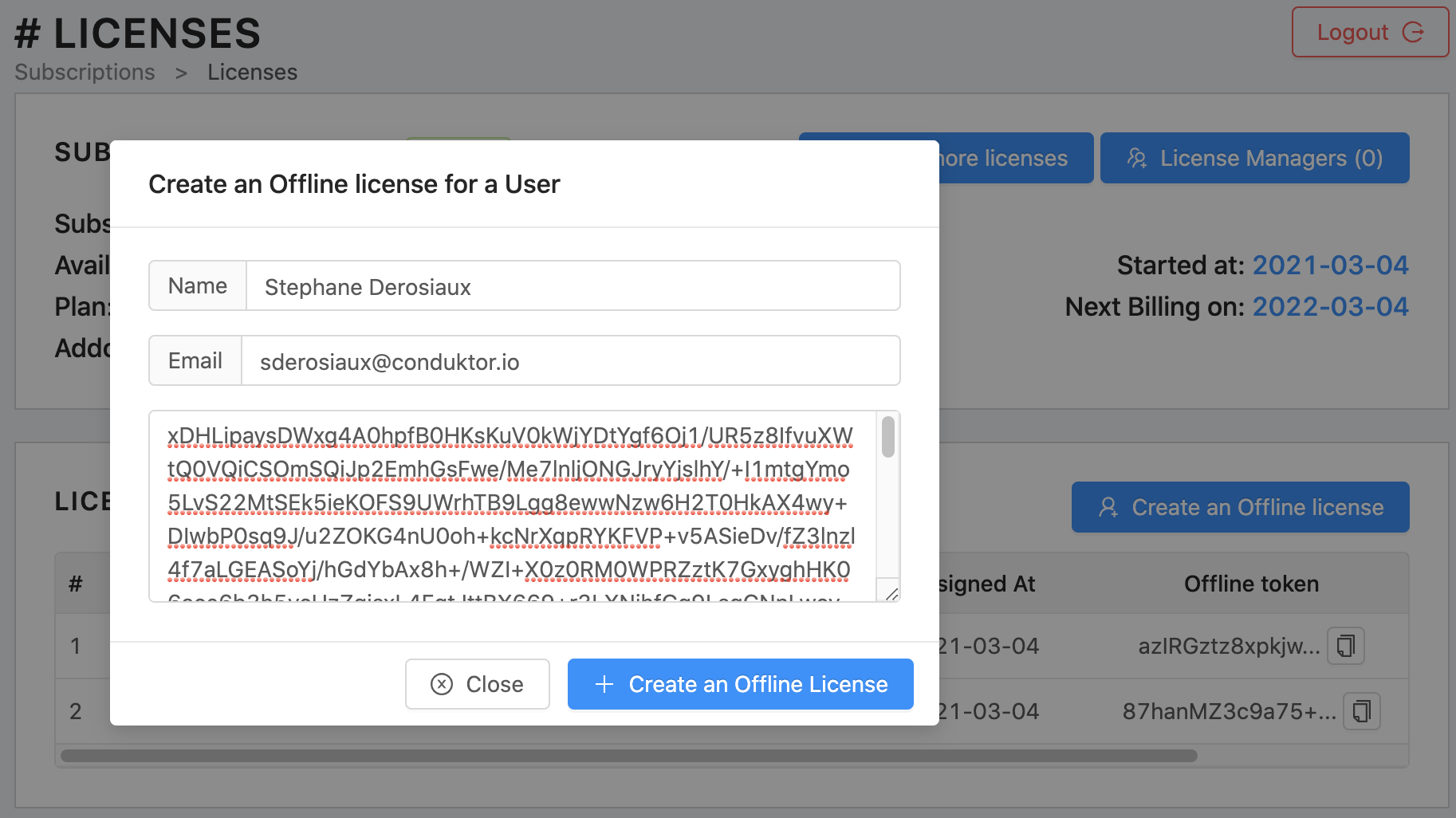 Step 1: create an offline license from the user code