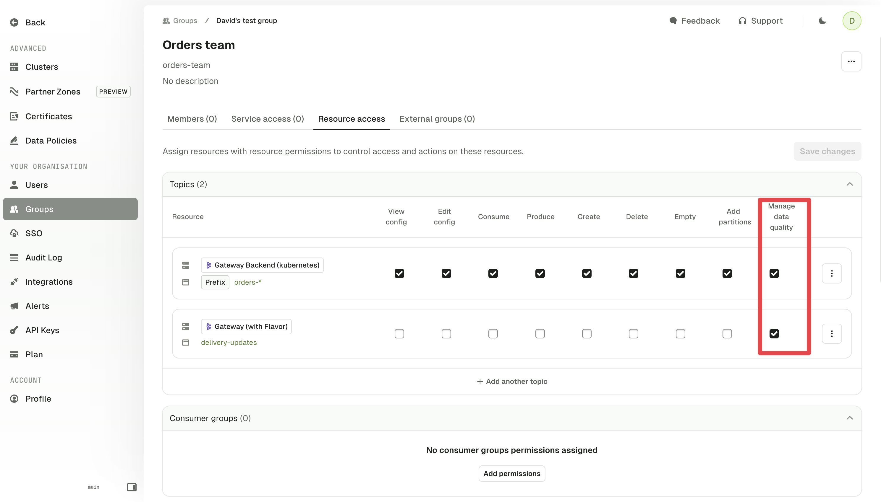 The &#39;manage data quality&#39; permission is the final column in the topics table in resource access tab of the group settings page